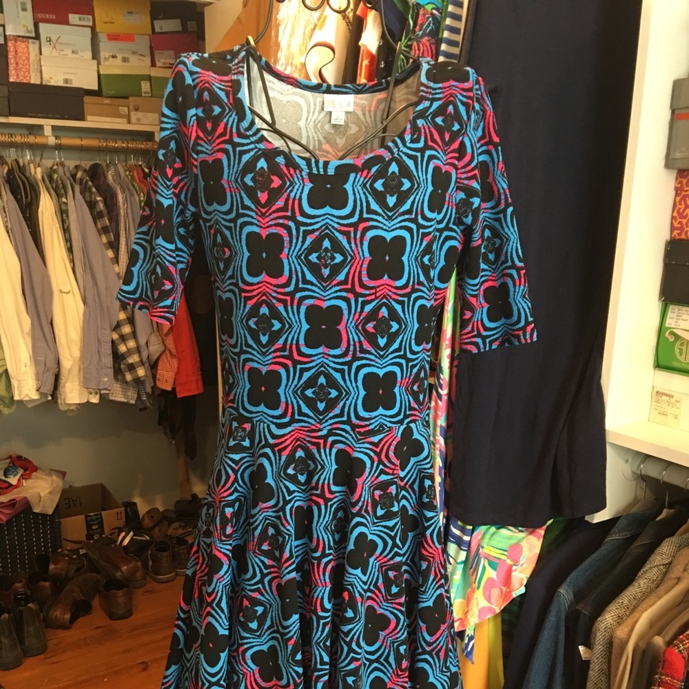 Neon Pink Blue Black Lularoe Nicole Dress Large